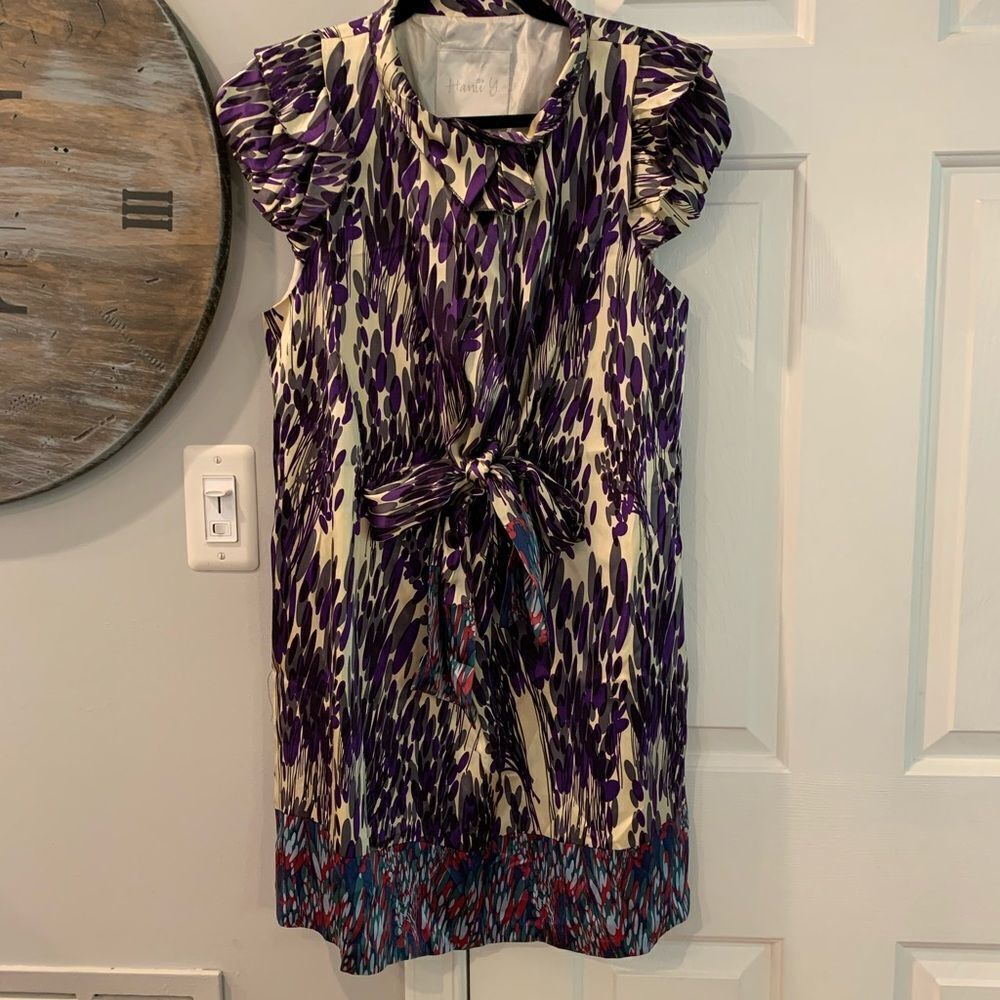 Hanii Y Silk Tie Waist Multi Print Dress sz 44 EUC